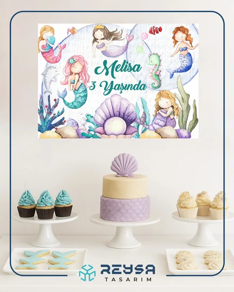 Deniz Kızı Temalı Doğum Günü Afişi 100X150 cm - Resim 3