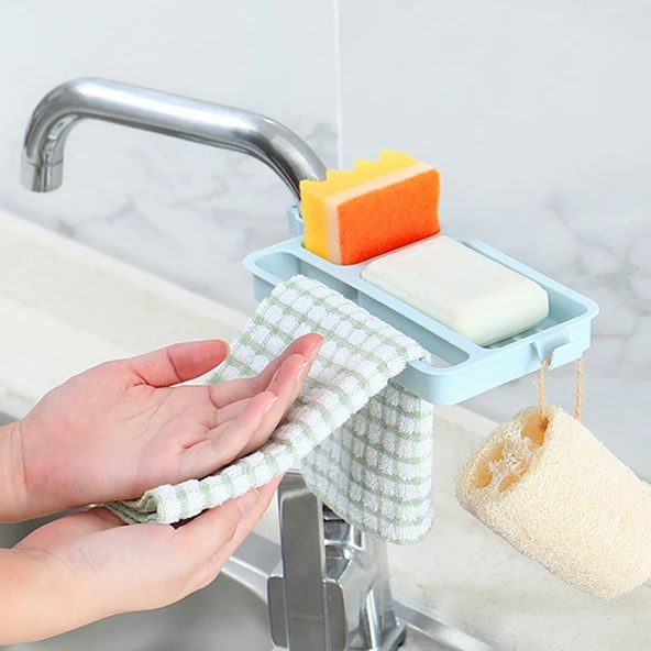Musluğa Takılan Sünger Havlu Askısı Sabun Hazneli Mutfak Banyo Lavabo Düzenleyici Organizer - 4