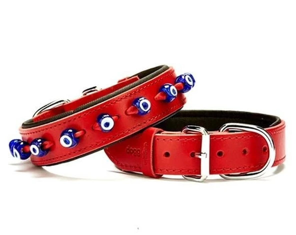 Doggie Comfort Deri Nazar Boncuklu Köpek Boyun Tasması Medium Kırmızı 3.5x47-55 Cm