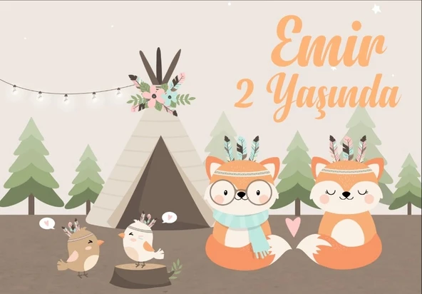 Çadır ve Tilki Temalı Doğum Günü Afişi 100X150 cm ürün görseli 1