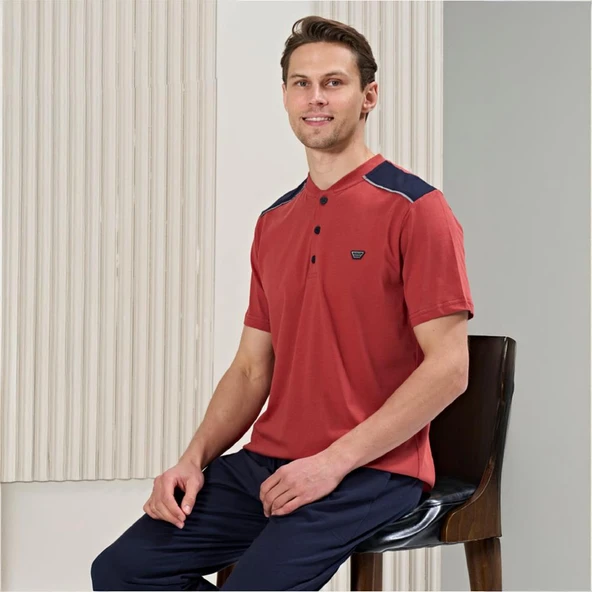 Over Sleep 1719 Erkek Kısa Kol Uzun Alt Yazlık Pijama Takım