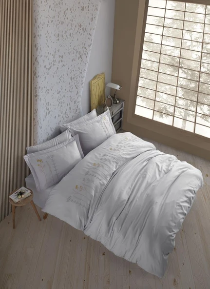 Çift Kişilik Poplin Premium Nakışlı Nevresim Diva Gri