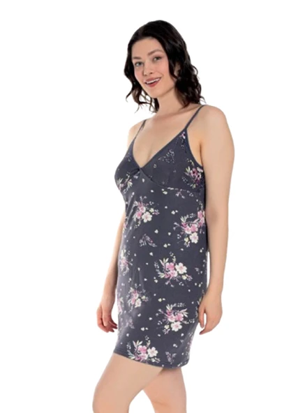 Kadın Askılı Uzun Gecelik Desenli Ev Giyim Gecelik - Resim 6