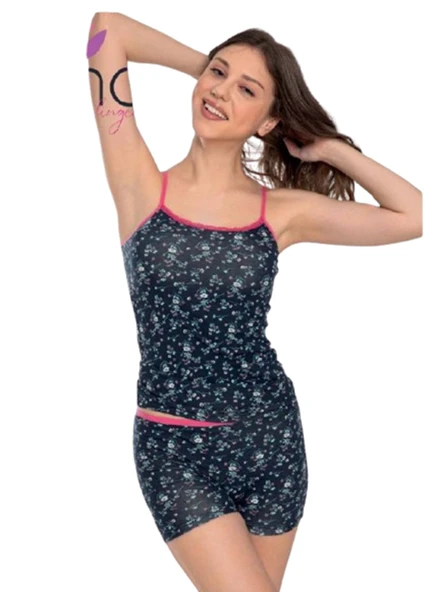 Kadın Askılı Atlet Şort Ev Giyim Gecelik Şık Transparan Şort Takım - Resim 3