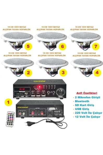 Tavan Hoparlör Seti (1 Adet Anfi + 6 Adet 100V 16 cm Tavan Hoparlör)