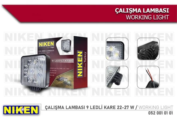 Nıken CALISMA LAMBASI 9 LEDLI KARE 27-22W 12V 24V