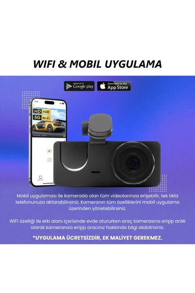 Araç İçi Wi-fi Kamera HD 3 Kameralı 7/24 Kayıt G-sensör Mobil Uygulama İle Canlı Takip Black Box - 4