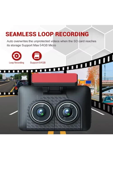 Araç İçi HD Kamera Video Kaydedici 3 Kamera 1080P Full HD Araç Kamerası WDR G-Sensor 5Mp Büyük Ekran - 7
