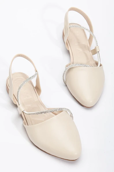 Zowie Kadın Bej Taşlı Arkası Kapalı Burunlu Ortopedik Babet - 2