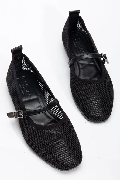 Luan Siyah Kadın Fileli Tek Bantlı Rahat Ergonomik Babet Yumuşak Taban