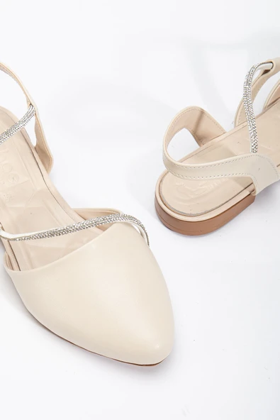 Zowie Kadın Bej Taşlı Arkası Kapalı Burunlu Ortopedik Babet - 4