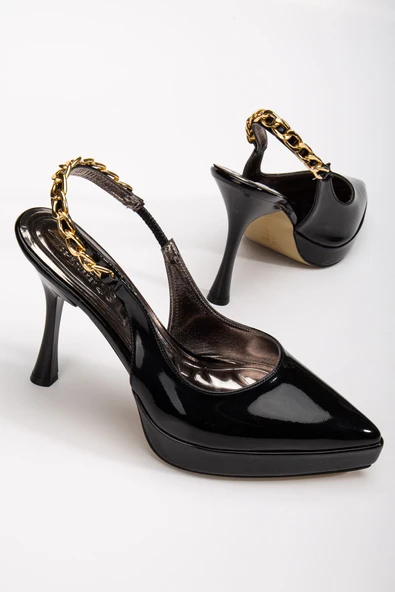 Essie Kadın Siyah Rugan Platformlu Sivri Burunlu Kalın Topuklu Ayakkabı - Resim 2