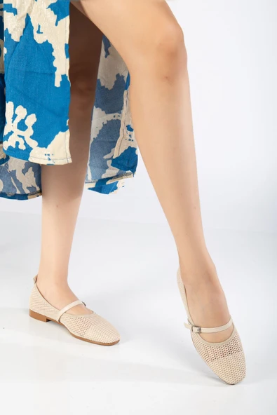 Luan Bej Kadın Fileli Tek Bantlı Rahat Ergonomik Babet Yumuşak Taban - Resim 4