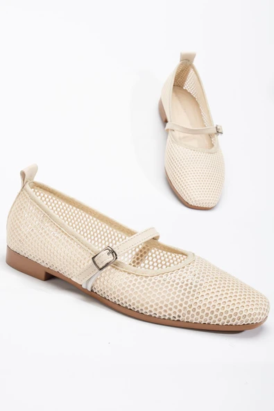 Luan Bej Kadın Fileli Tek Bantlı Rahat Ergonomik Babet Yumuşak Taban - Resim 2