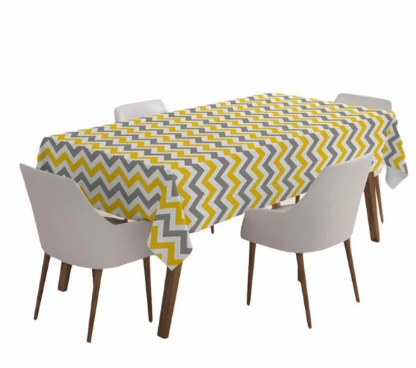 Sarı Gri Beyaz Çizgili Zigzag Desenli Leke Tutmaz Masa Örtüsü