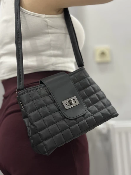 Kapaklı kapitone siyah cilt çanta - Resim 2