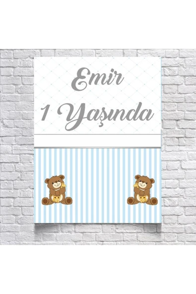 Mavi Çizgili Sevimli Ayıcıklı Doğum Günü Afişi 50X70 cm ürün görseli 1