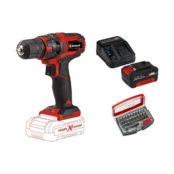 Einhell Tc-Cd 18/35 Li Solo Akülü Vidalama Seti + 1 x 4 Ah Starter Kit ve 32 Parça Bits Uç