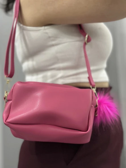 Ponpon fuşya cilt çanta - 4