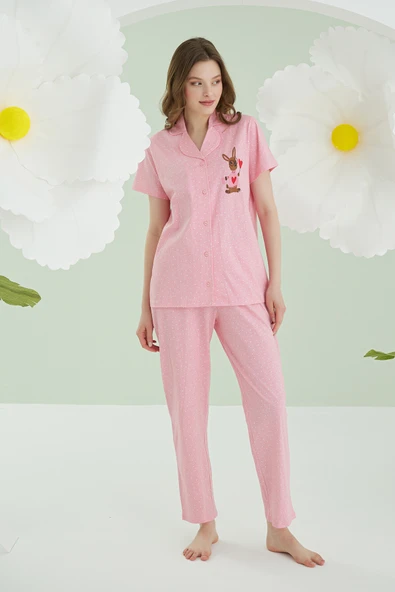 Pembe Bunny Önden Düğmeli Pijama Takımı