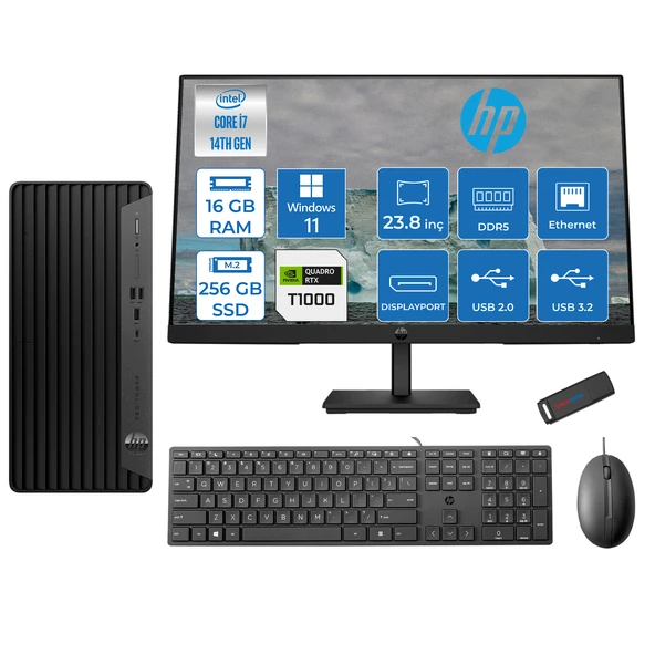 Hp Pro Tower 400 G9 Intel Core I7 14700 16GB Ddr5 256GB SSD 23.8" Fhd Windows 11 Pro Quadro T1000-4GB Masaüstü Bilgisayar 235V5M2EST1000P06 + Zetta USB Bellek