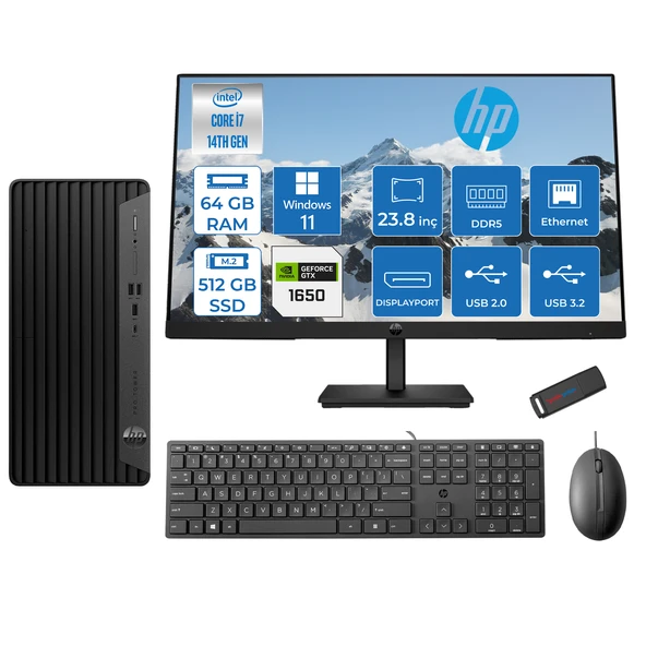 Hp Pro Tower 400 G9 Intel Core I7 14700 64GB Ddr5 512GB SSD 23.8" Fhd Windows 11 Pro Nvidia GTX1650-4GB Masaüstü Bilgisayar 235V5M2ESGTX1650P27 + Zetta USB Bellek