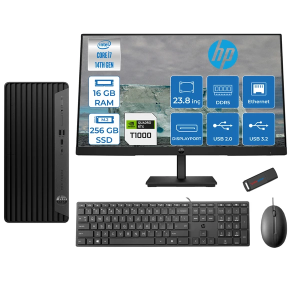Hp Pro Tower 400 G9 Intel Core I7 14700 16GB Ddr5 256GB SSD 23.8" Fhd Freedos Quadro T1000-4GB Masaüstü Bilgisayar 235V5M2EST1000U06 + Zetta USB Bellek