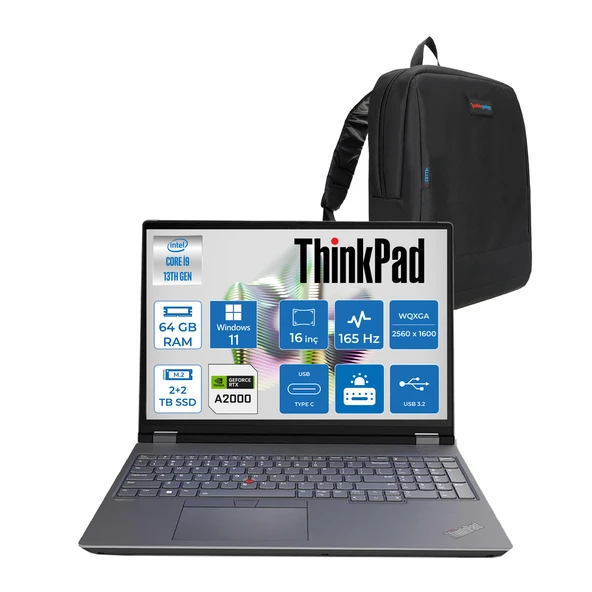 Lenovo Thinkpad Mws P16 Gen2 Intel I9-13980HX 64GB 5600MHZ  2tbssd+2tbssd 8GB/RTX2000ADA 16" Wqxga 165Hz (2560X1600) IPS 500NITS WIN11PRO Taşınabilir Workstation W21FA0003TXW38+ZETTAÇANTA ürün görseli