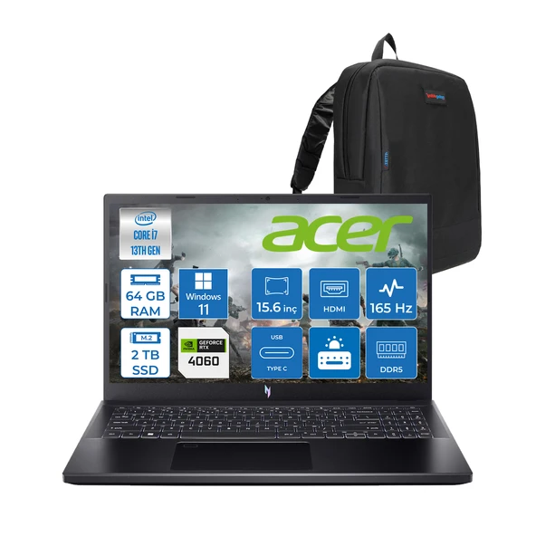 Acer Nitro V 15 ANV15 Intel Core I7 13620H 64GB Ddr5 2tb SSD 8GB/RTX4060 75W 15.6" Fhd IPS 165HZ Windows 11 Home Gaming Laptop NHQQEEY002H19+ZETTAÇANTA
