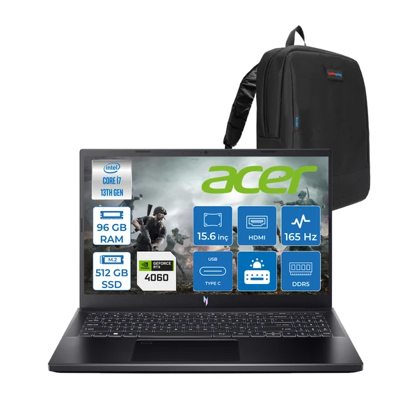 Acer Nitro V 15 ANV15 Intel Core I7 13620H 96GB Ddr5 512GB SSD 8GB/RTX4060 75W 15.6" Fhd IPS 165HZ Freedos Gaming Laptop NHQQEEY002F27+ZETTAÇANTA