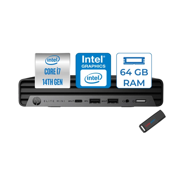 Hp Elite Mini 800 G9 Intel Core I7 14700 64GB Ddr5 4tb SSD Windows 11 Pro Intel UHD Grafik Mini Masaüstü Bilgisayar 622X5ETP24 + Zetta Flash Bellek