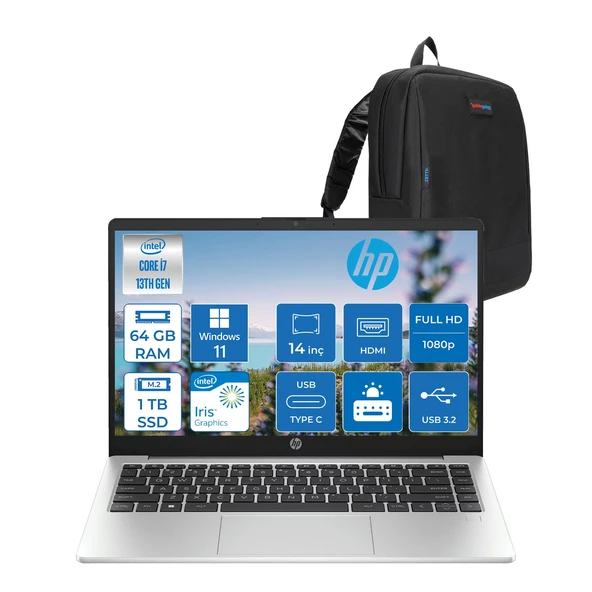 Hp 240 G10 Intel Core I7 1360P 64GB 1tb SSD 14" Fhd WIN11PRO Taşınabilir Bilgisayar G108A557EAW23+ZETTAÇANTA