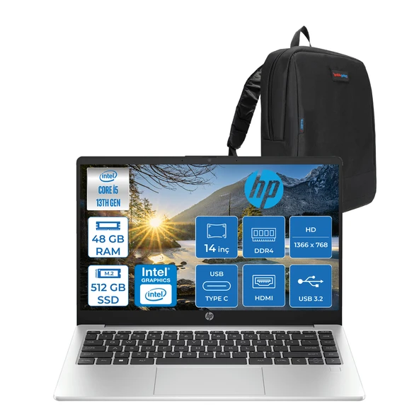 Hp 240 G10 Intel Core I5 1335U 48GB 512GB SSD Intel® Iris® Xᵉ Grafik Freedos 14" Hd (1366 x 768) Sva Taşınabilir Bilgisayar 968L6ETF27 + Zetta Çanta