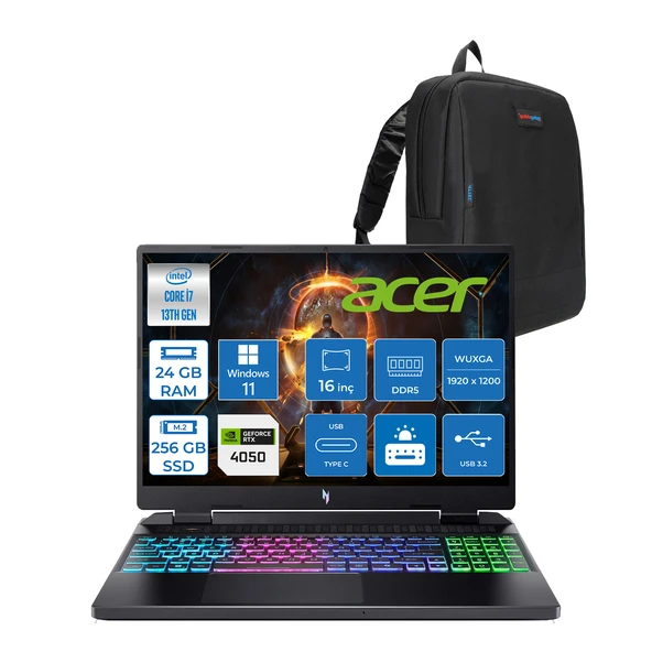 Acer nitro AN16 Intel I7 13620H 24GB Ddr5 256GB SSD 6GB/RTX4050 16'' Wuxga (1920X1200) IPS 165Hz Nvıdıag-Sync WIN11WIN11PRO Gaming Laptop NHQJMEY007W01+ZETTAÇANTA