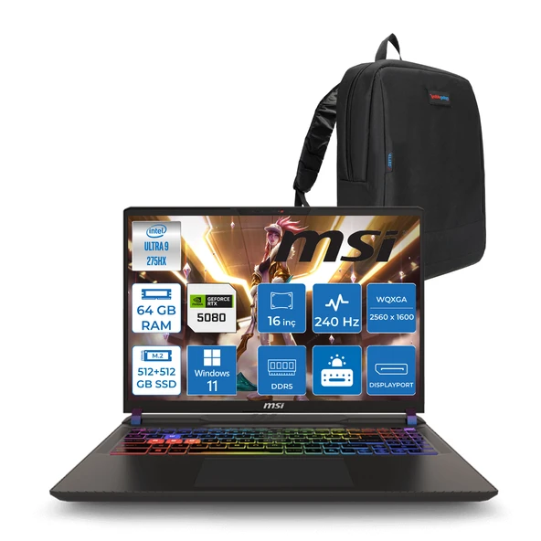 Msı Vector 16 Hx Aı WA2XWIG-090XTR Ultra 9 275HX Aı 64GB GB 512GB SSD+512GB SSD 16GB/RTX5080 Gddr7 175W 16" Qhd+ (2560X1600) 240HZ WIN11PRO Gaming Laptop WA2XWIG090XTRW26+ZETTAÇANTA