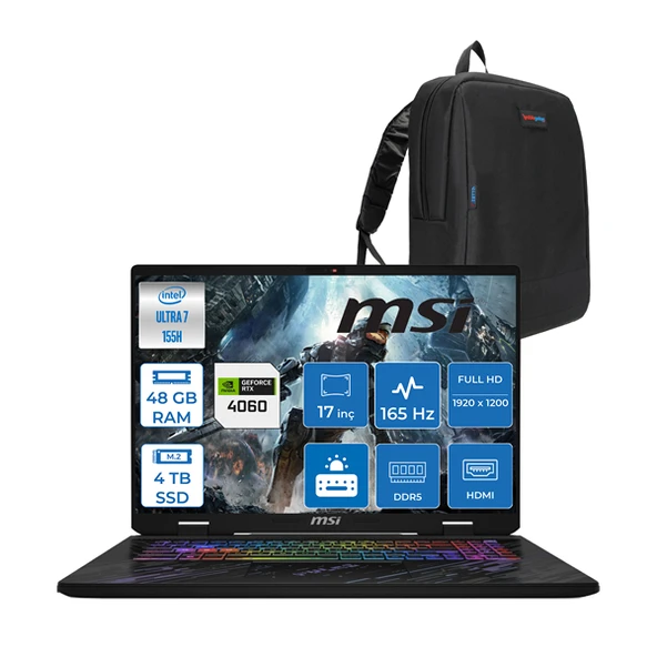 Msı Pulse 17 Aı Intel Core Ultra 7 155H 48GB Ddr5 4tb SSD 8GB/RTX4060/140W 17" IPS Wuxga 165Hz WIN11PRO Taşınabilir Bilgisayar C1083XTRP18 + Zettaçanta