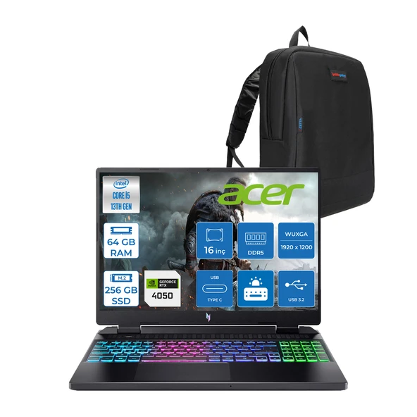 Acer nitro AN16 Intel İ5-13420H 64GB Ddr5 256GB SSD 6GB/RTX4050 16'' Wuxga (1920X1200) IPS 165Hz Nvıdıag-Sync Freedos Gaming Laptop NHQJMEY005F16+ZETTAÇANTA