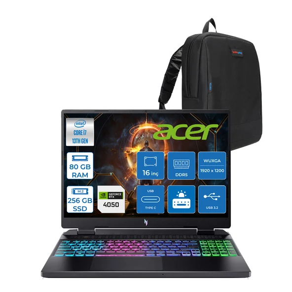 Acer nitro AN16 Intel I7 13620H 80GB Ddr5 256GB SSD 6GB/RTX4050 16'' Wuxga (1920X1200) IPS 165Hz Nvıdıag-Sync Freedos Gaming Laptop NHQJMEY007F21+ZETTAÇANTA