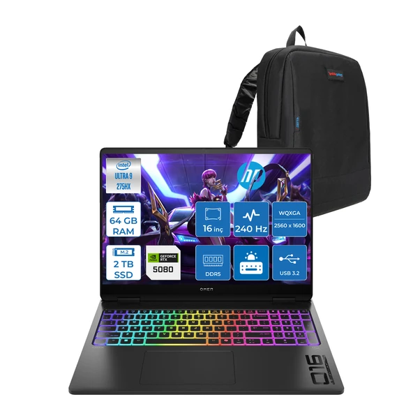 Hp Omen Max 16-AH0010NT Intel Core Ultra 9 275HX 64GB Ddr5 2tb SSD 16GB Nvıdıa RTX5080 16 Inç 2k Wqxga 240Hz 3ms IPS Freedos Siyah OB92QREAF14 + Zetta Çanta