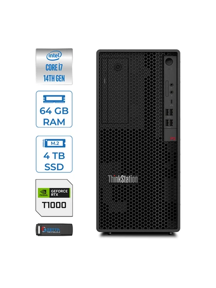 Lenovo Thinkstation P2 Intel® Vpro I7 14700 64GB Ddr5 4tb SSD 8GB/T1000 Windows 11 Pro Raid Destekli Masaüstü Iş Istasyonu 30FR001HTRWP29 + Zettausbbellek