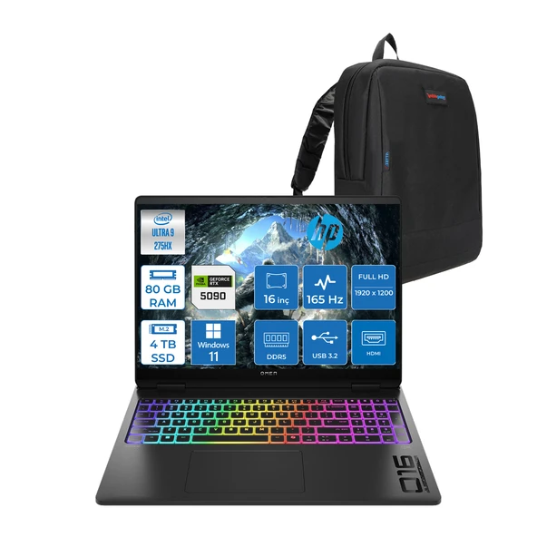 Hp Omen Max 16-AH0005NT Intel Core Ultra 9 275HX 80GB Ddr5 4tb SSD 24GB Nvıdıa RTX5090 16 Inç Full Hd+ 165Hz 3ms IPS Windows 11 Home Siyah OB92QNEAH19 + Zetta Çanta