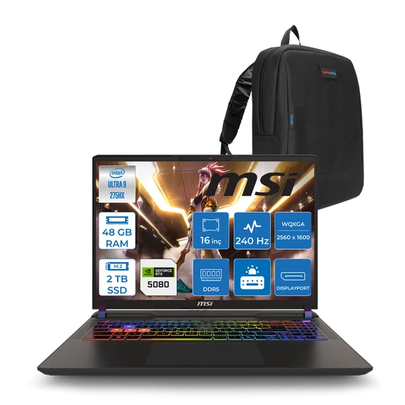 Msı Vector 16 Hx Aı WA2XWIG-090XTR Ultra 9 275HX Aı 48GB GB 2tb SSD 16GB/RTX5080 Gddr7 175W 16" Qhd+ (2560X1600) 240HZ Freedos Gaming Laptop WA2XWIG090XTRF21+ZETTAÇANTA