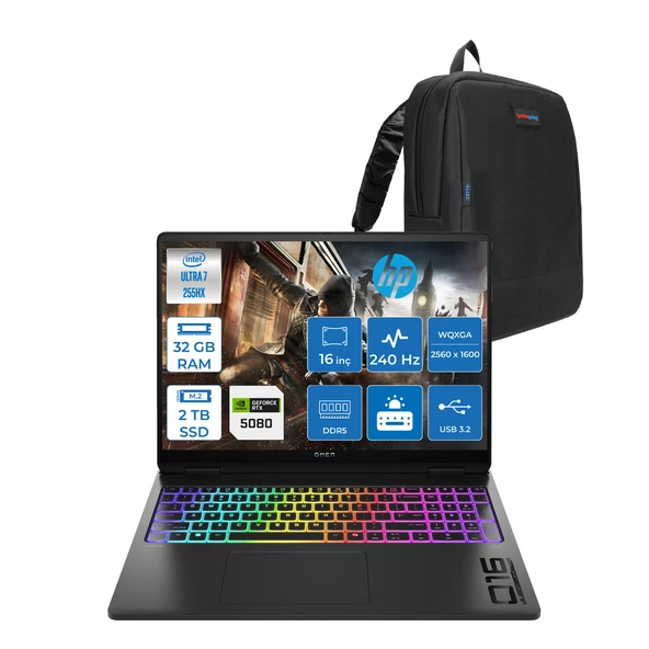 Hp Omen Max 16-AH0014NT Intel Core Ultra 7 255HX 32GB Ddr5 2tb SSD 16GB Nvıdıa RTX5080 16 Inç 2k Wqxga 240Hz 3ms IPS Freedos Siyah OB8SQ9EAF02 + Zetta Çanta