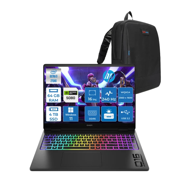 Hp Omen Max 16-AH0010NT Intel Core Ultra 9 275HX 64GB Ddr5 4tb SSD 16GB Nvıdıa RTX5080 16 Inç 2k Wqxga 240Hz 3ms IPS Windows 11 Home Siyah OB92QREAH15 + Zetta Çanta