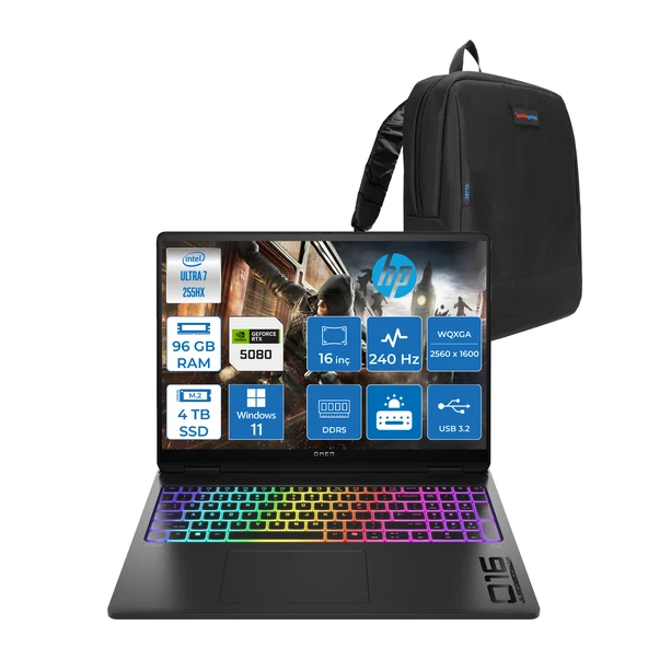 Hp Omen Max 16-AH0014NT Intel Core Ultra 7 255HX 96GB Ddr5 4tb SSD 16GB Nvıdıa RTX5080 16 Inç 2k Wqxga 240Hz 3ms IPS Windows 11 Home Siyah OB8SQ9EAH23 + Zetta Çanta