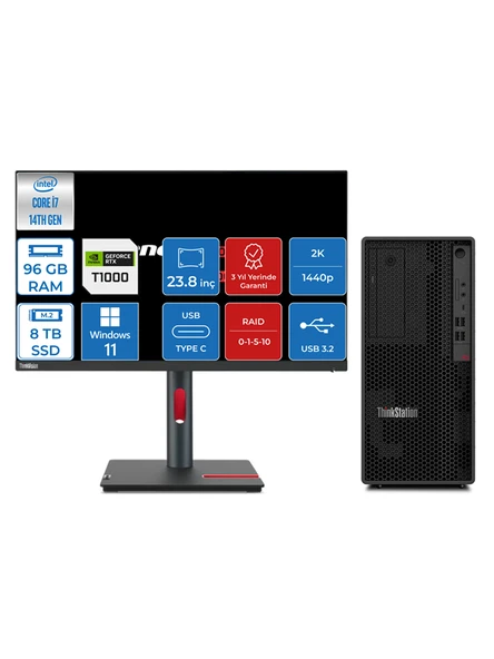 Lenovo Thinkstation P2 Intel® Vpro I7 14700 96GB Ddr5 4tb SSD + 4tb SSD 8GB/T1000 23.8" 2k Monitör Windows 11 Pro Raid Destekli Masaüstü Iş Istasyonu 30FR001HTRMWP36 + Zettausbbellek