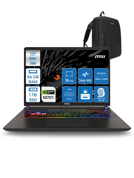 Msı Vector 16 Hx Aı Intel Ultra 7 255HX Aı 64GB Ddr5 1tb SSD 12GB/RTX5070TI/140W WIN11HOME 16" Fhd+ 144Hz Taşınabilir Bilgisayar 091XTRH18 + Zettausbbellek
