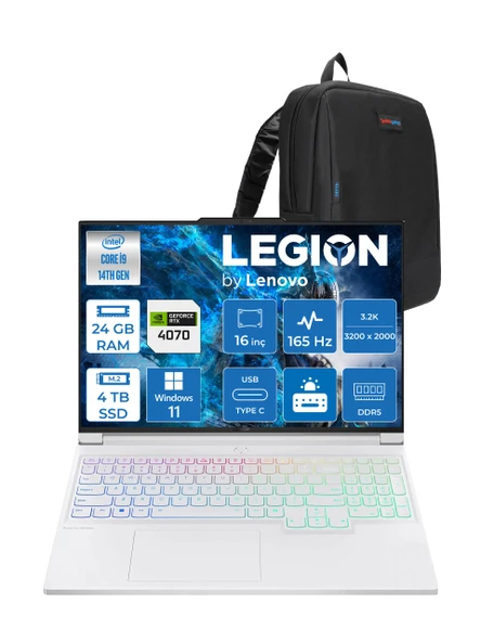 Lenovo Legion 7 16IRX9 14.nesil Core I9 14900HX 24GB Ddr5 4tb SSD 8GB/RTX4070 130W 16" 3.2k (3200X2000) 430NİTS 165Hz WINDOWS11PRO Taşınabilirbilgisayar 883FD005MTRW04+ZETTAÇANTA