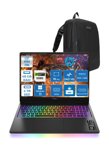 Hp Omen Max 16-WAH0022NT Intel Core Ultra 9 275HX 48GB Ddr5 4tb SSD 16GB Nvıdıa RTX5080 16 Inç 3ms 500NIT Wqxga 240Hz Windows 11 Pro Siyah OB88F2EAP11 + Zetta Çanta
