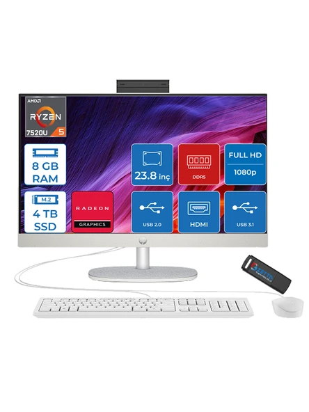 Hp 24-CR0034NT Amd Ryzen 5 7520U 8gb 4tb SSD Windows 11 Pro Amd Radeon™ Grafik Kartı 23.8 Inç IPS Fullhd All In One Bilgisayar 80B96EAP24+ Zetta Flash Bellek